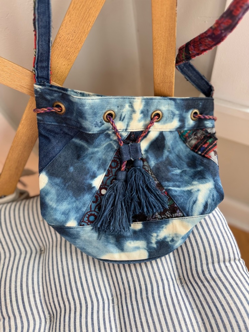 Earthbound Trading Co. Navy Blue Embroidered Fringe Tassel Bucket Bag Crossbody - Picture 10 of 11